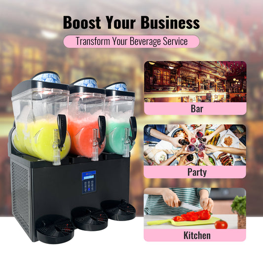 Commercial Slushy Machine, 45L (Triple 15L Tanks), 1200W, 180 Cups Stainless Steel - High-Volume Frozen Drink/Margarita Maker for Restaurants, Bars & Events