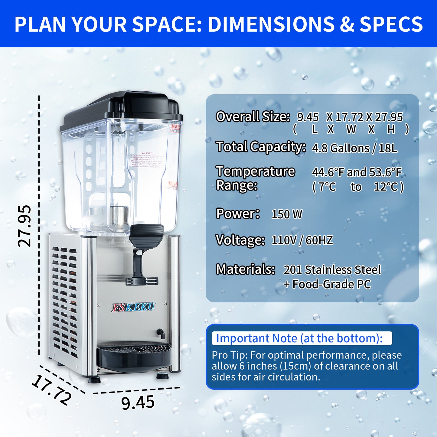 Commercial Beverage Dispenser, 18L (4.8 Gal), Refrigerated Juice Machine, 304 Stainless Steel Cold Iced Tea Cooler for Restaurant, Cafe, Buffet & Party