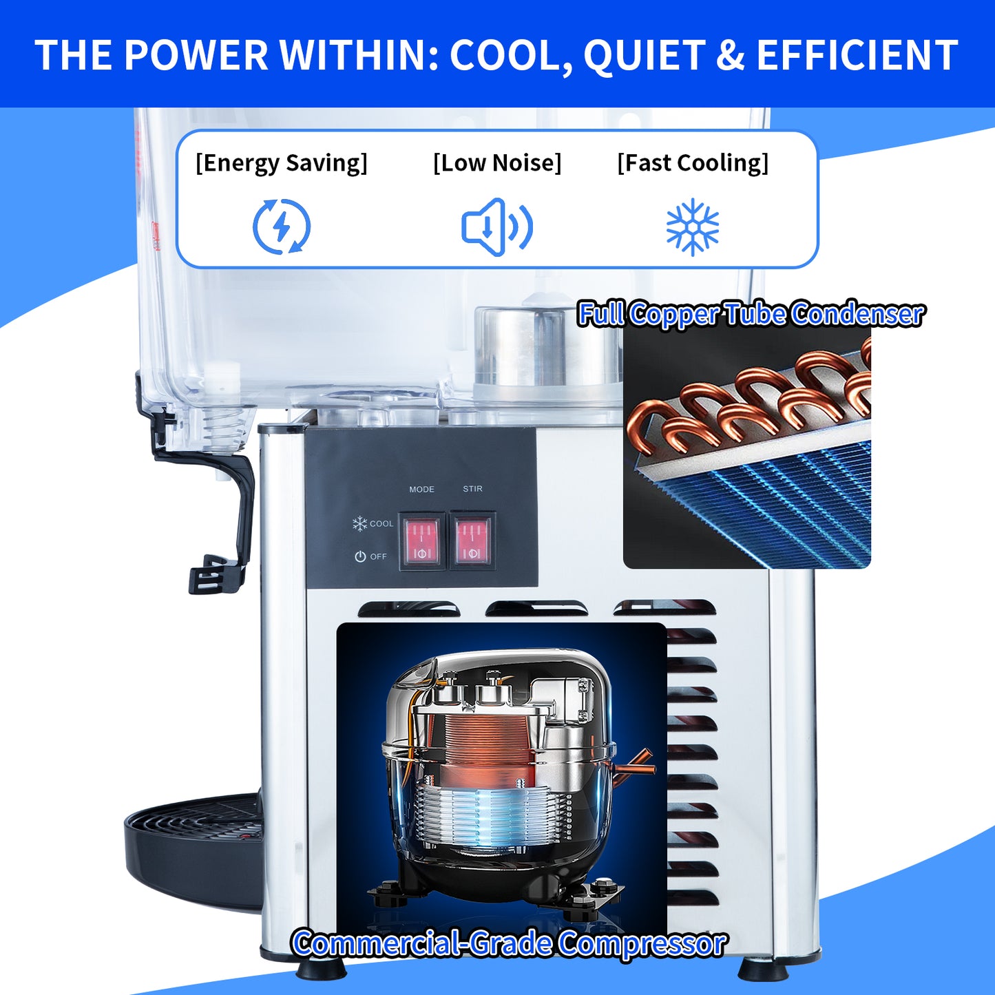 Commercial Beverage Dispenser, 18L (4.8 Gal), Refrigerated Juice Machine, 304 Stainless Steel Cold Iced Tea Cooler for Restaurant, Cafe, Buffet & Party
