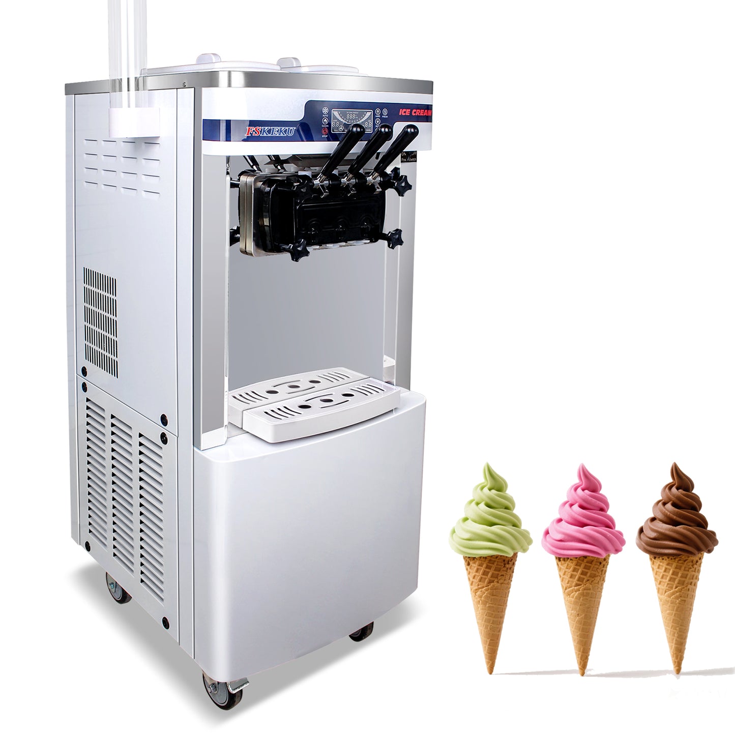 Commercial Soft Serve Ice Cream Machine - 20-28L/H Capacity, Auto Clean,3 Flavors LED Display, Ideal for Restaurants and Snack Bars, 2200W