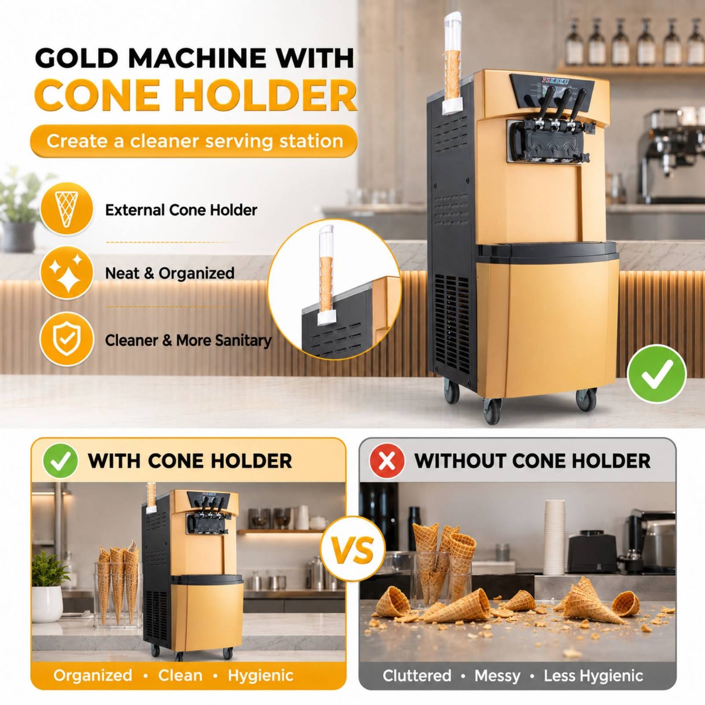 Commercial Soft Serve Ice Cream Machine, 3 Flavors, 22–30 L/H, 115V | Dual 6L hoppers and 1.7L freezing cylinders serve two flavors plus one twist combination