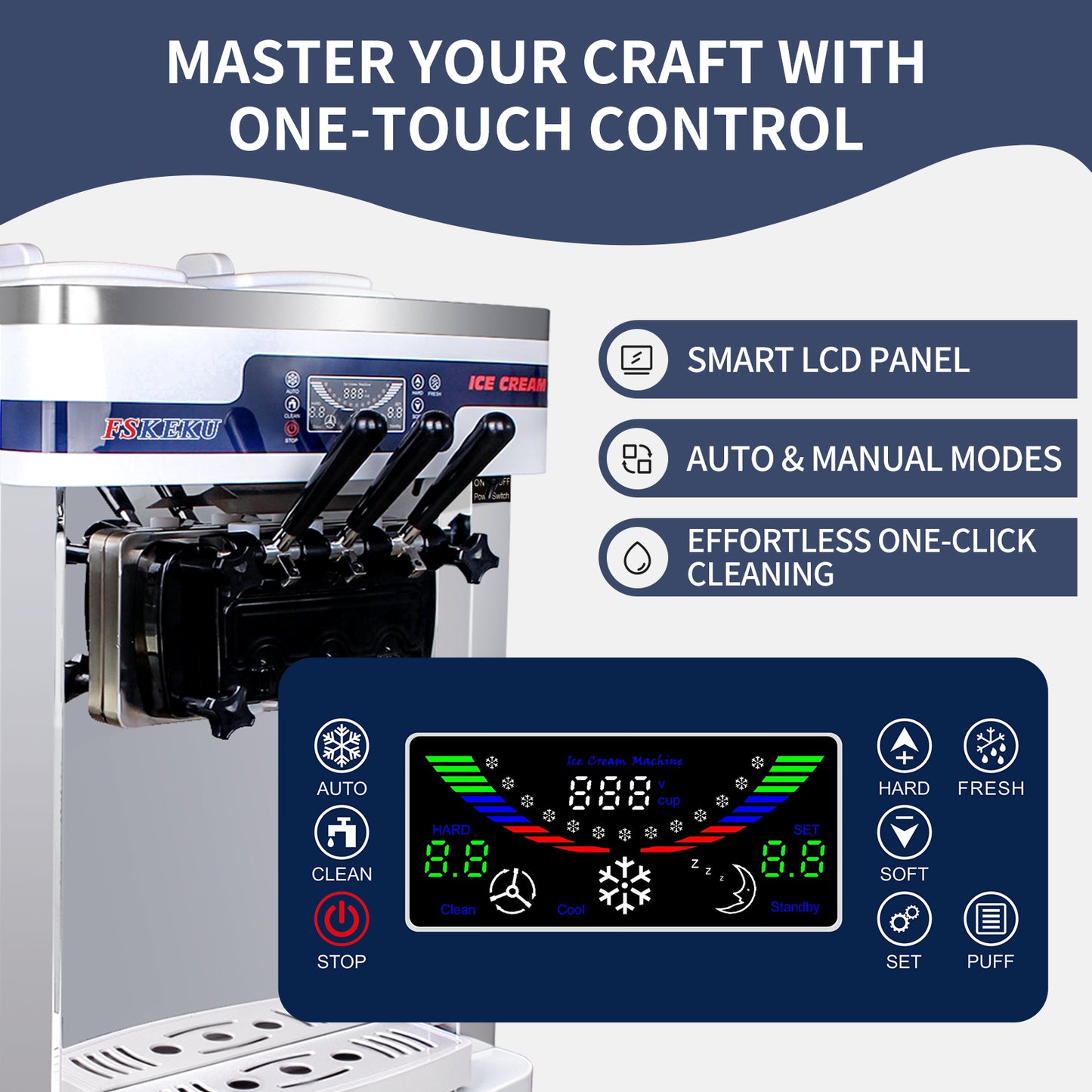 Commercial Soft Serve Ice Cream Machine - 20-28L/H Capacity, Auto Clean,3 Flavors LED Display, Ideal for Restaurants and Snack Bars, 2200W