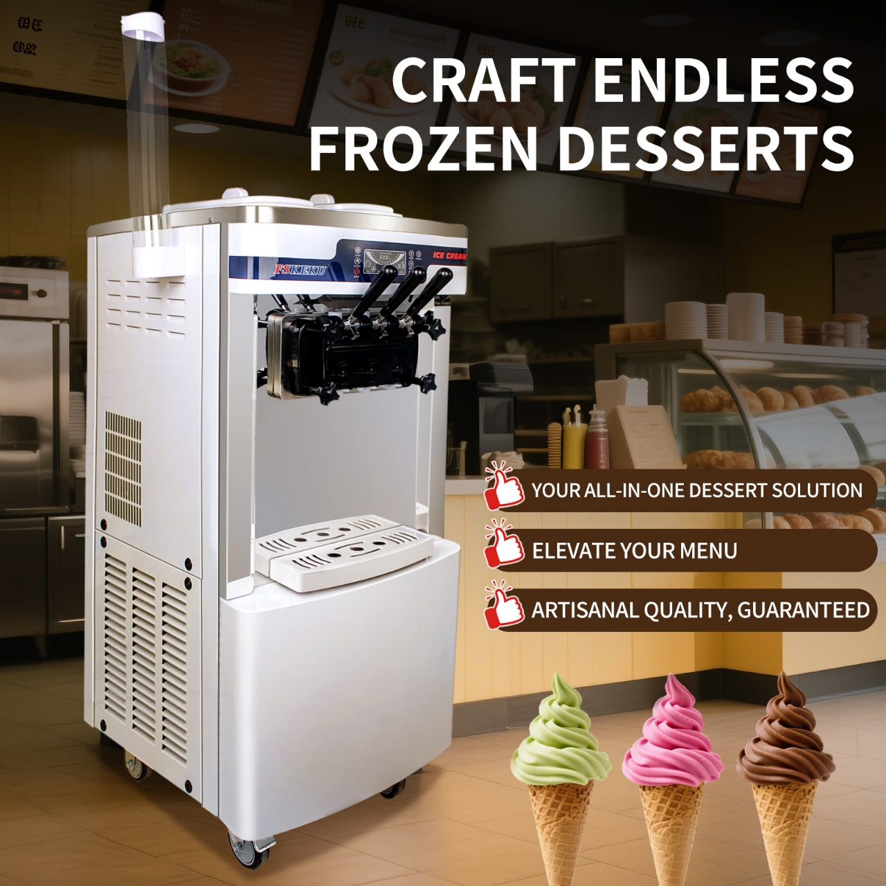 Commercial Soft Serve Ice Cream Machine - 20-28L/H Capacity, Auto Clean,3 Flavors LED Display, Ideal for Restaurants and Snack Bars, 2200W