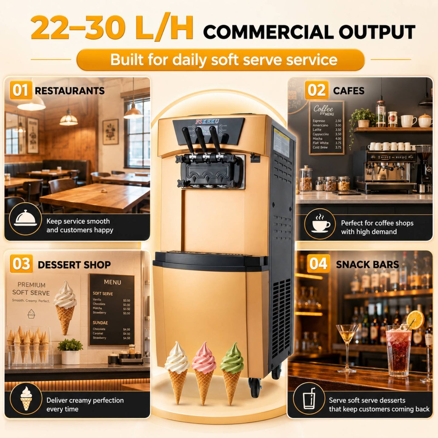 Commercial Soft Serve Ice Cream Machine, 3 Flavors, 22–30 L/H, 115V | Dual 6L hoppers and 1.7L freezing cylinders serve two flavors plus one twist combination