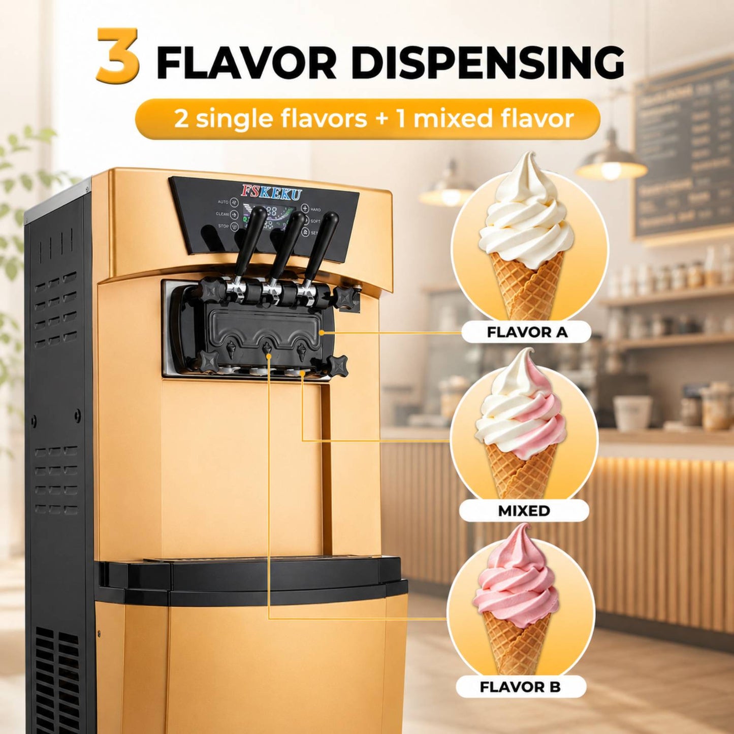 Commercial Soft Serve Ice Cream Machine, 3 Flavors, 22–30 L/H, 115V | Dual 6L hoppers and 1.7L freezing cylinders serve two flavors plus one twist combination