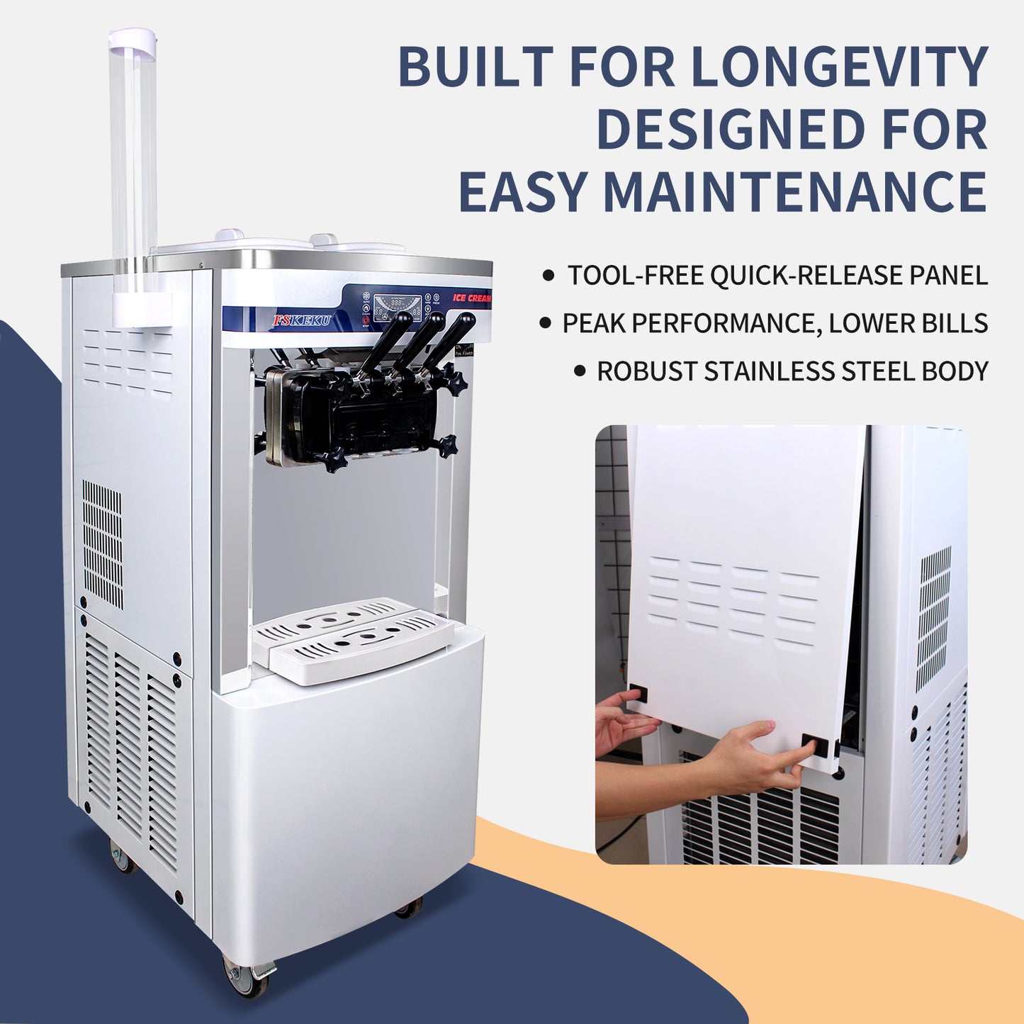 Commercial Soft Serve Ice Cream Machine - 20-28L/H Capacity, Auto Clean,3 Flavors LED Display, Ideal for Restaurants and Snack Bars, 2200W