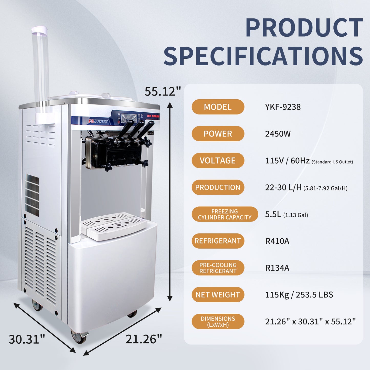 Commercial Soft Serve Ice Cream Machine - 20-28L/H Capacity, Auto Clean,3 Flavors LED Display, Ideal for Restaurants and Snack Bars, 2200W