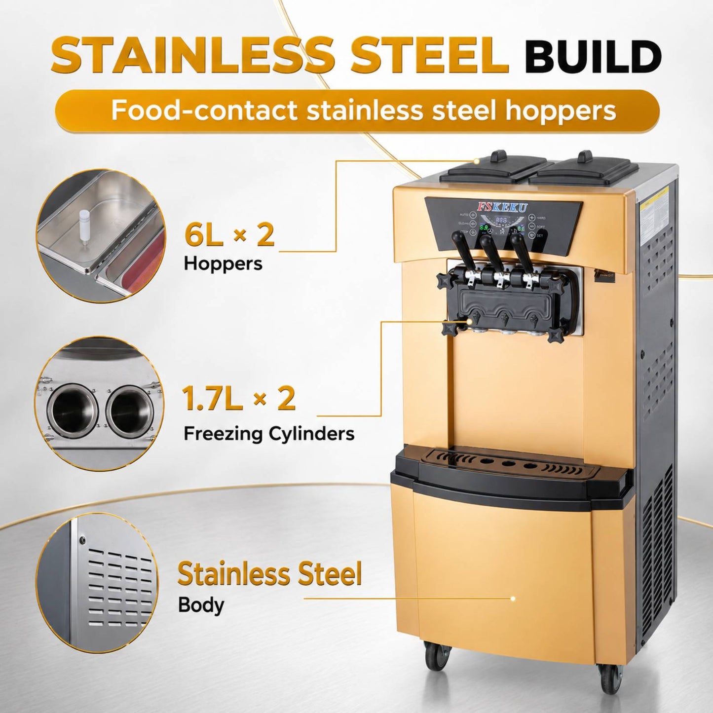 Commercial Soft Serve Ice Cream Machine, 3 Flavors, 22–30 L/H, 115V | Dual 6L hoppers and 1.7L freezing cylinders serve two flavors plus one twist combination