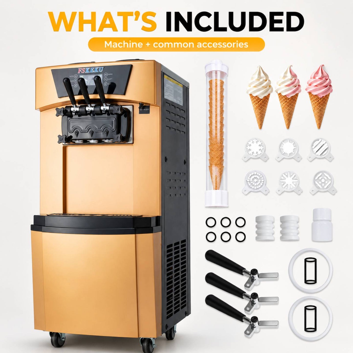 Commercial Soft Serve Ice Cream Machine, 3 Flavors, 22–30 L/H, 115V | Dual 6L hoppers and 1.7L freezing cylinders serve two flavors plus one twist combination